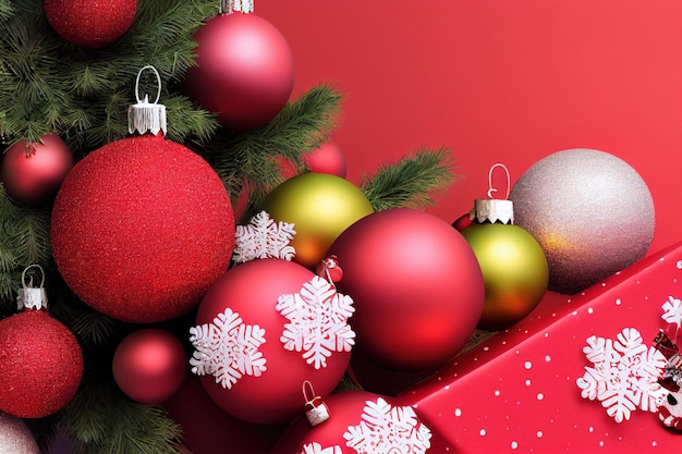 Fundo de celebração de Natal decorado com enfeites espetaculares presente de enfeites para feliz natal e feliz ano novo festa festival ilustração 3D