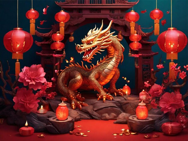 fundo de celebração do ano novo chinês com dragão e lâmpadas Ai gerado