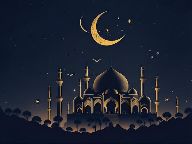 Fundo de celebração do Ramadan039 com Mesquita e lua crescente à noite Ai Generated