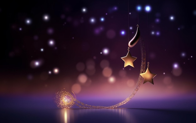 Fundo de celebração islâmica do Eid com estrelas de lua crescente e efeito bokeh para Adha Ramadan Fitr