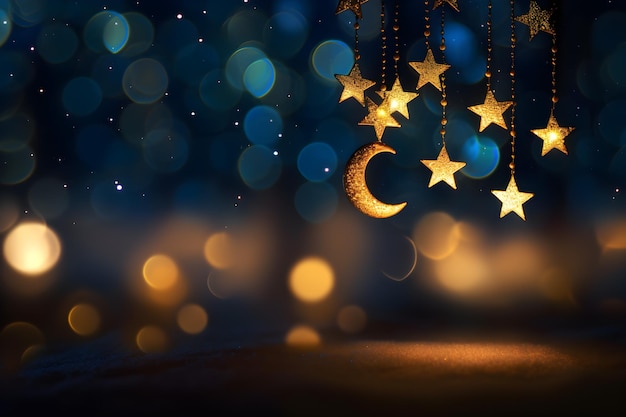 Fundo de celebração islâmica do Eid com estrelas de lua crescente e efeito bokeh para Adha Ramadan