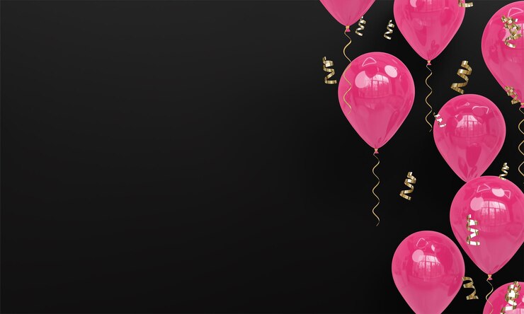 Foto fundo de celebração preto com renderização 3d realista de balões rosa