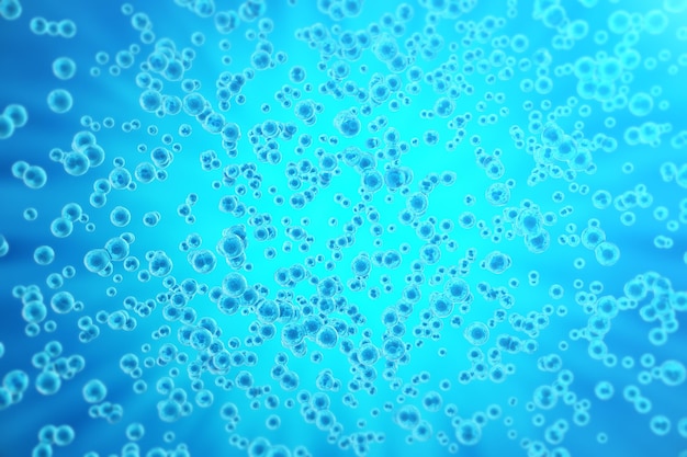 Foto fundo de célula azul. vida e biologia, medicina científica, pesquisa molecular dna. renderização em 3d