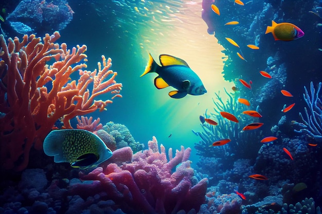 Fundo de cena de coral de peixes tropicais generative ai