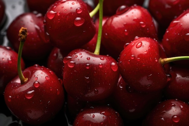 Fundo de cereja fresca Vista superior de frutas vermelhas com gotas de água