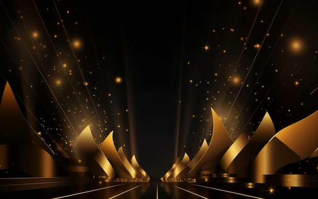 Fundo de cerimônia de premiação com formas douradas e raios de luz Abstrato de luxo