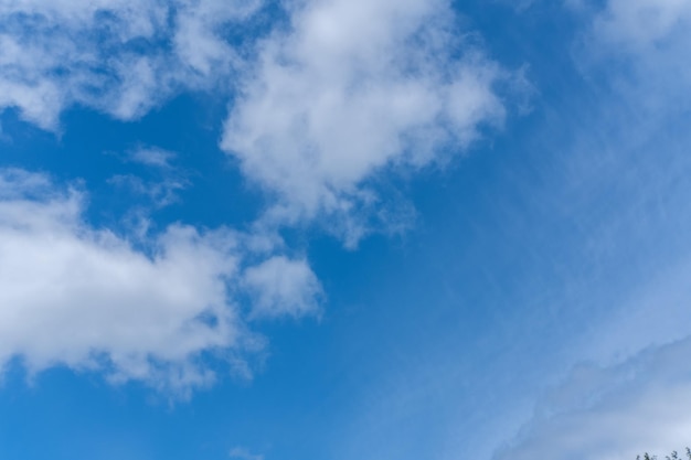 Fundo de céu azul com nuvens cumulus brancas e fofas panorama de nuvens brancas e fofas no céu azul lindo céu azul vasto com incríveis nuvens cumulus espalhadas