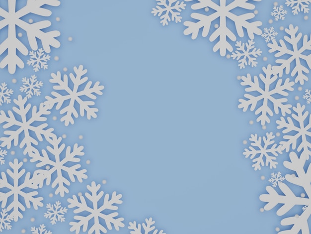Fundo de céu azul de inverno com flocos de neve, renderização em 3D