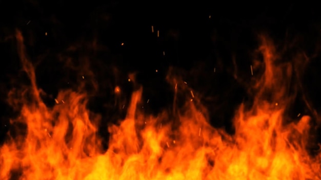 Fundo de chama de fogo. Chamas de fogo ardente realistas com fumaça em fundo preto.