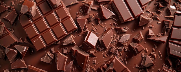 fundo de chocolate muitos pedaços de chocolate e barras quebradas vista superior plana colocou Dia Mundial do Chocolate