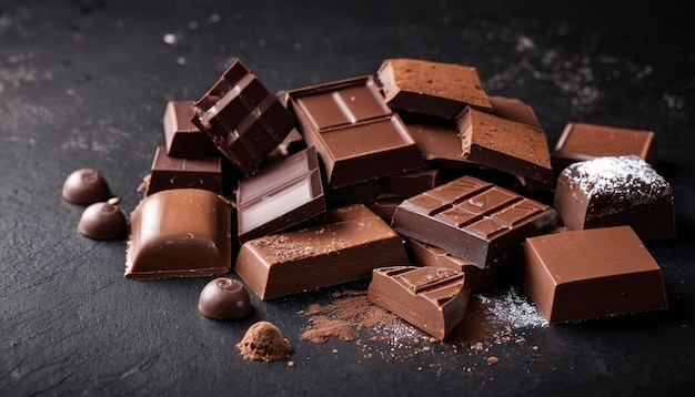 Fundo de chocolate Várias variedades de chocolate com pasta Em fundo rústico preto