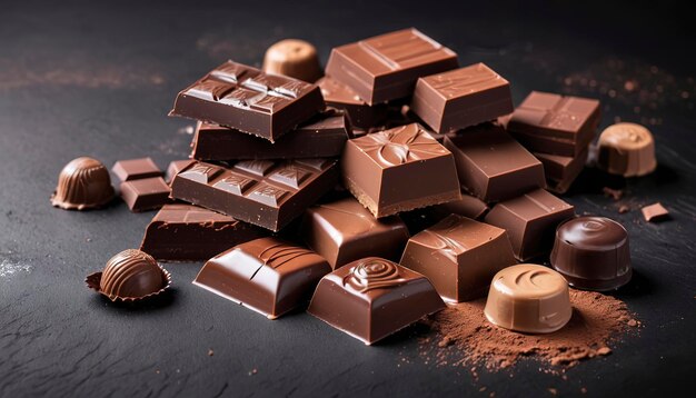 Fundo de chocolate Várias variedades de chocolate com pasta Em fundo rústico preto