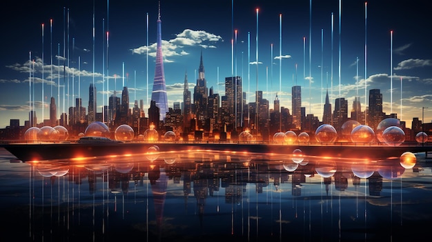 Fundo de cidade futurista com planeta Terra e superfície da água renderização 3D