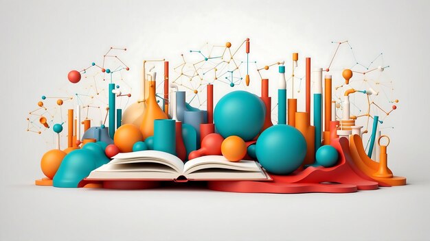 Foto fundo de ciência e educação livro aberto com objetos 3d coloridos ilustração vetorial