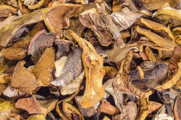 Fundo de cogumelos secos na mesa de madeira