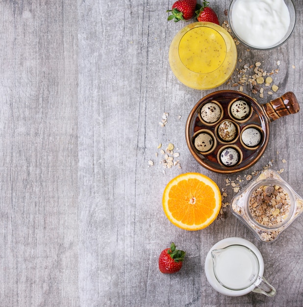 Foto fundo de comida com café da manhã saudável