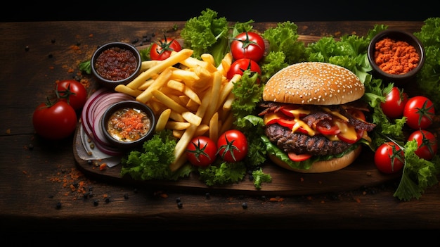 fundo de comida com hambúrguer saboroso fresco acima da placa de madeira em fundo escuro