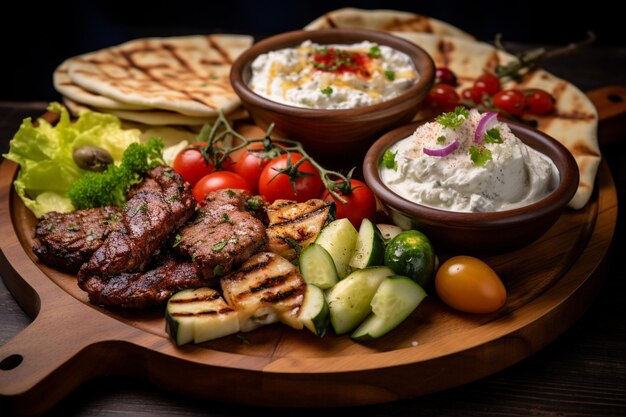 Foto fundo de comida grega meze gyros souvlaki peixe pita salada grega tzatziki variedade de feta