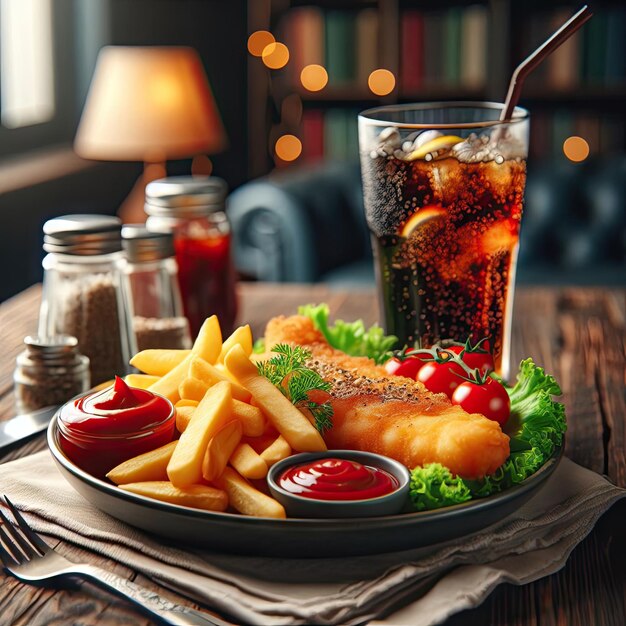 Foto fundo de comida rápida com batatas fritas e nuggets