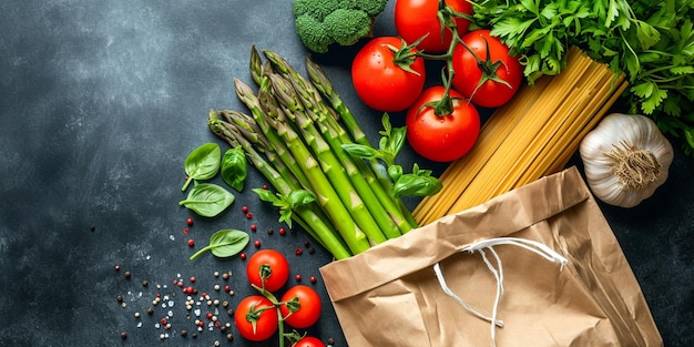 Fundo de comida saudável Comida saudável em vegetais de saco de papel e massas em ingredientes escuros para coo