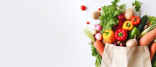 Fundo de comida saudável Comida vegetariana vegana saudável em saco de papel legumes e frutas em branco