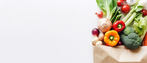 Fundo de comida saudável Comida vegetariana vegana saudável em saco de papel legumes e frutas em branco