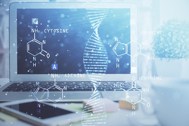 Fundo de computador de mesa e desenho de DNA Exposição dupla Conceito científico