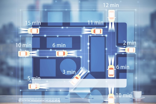 Foto fundo de computador de mesa no escritório com desenho de holograma de automóvel conceito de tecnologia de exposição múltipla