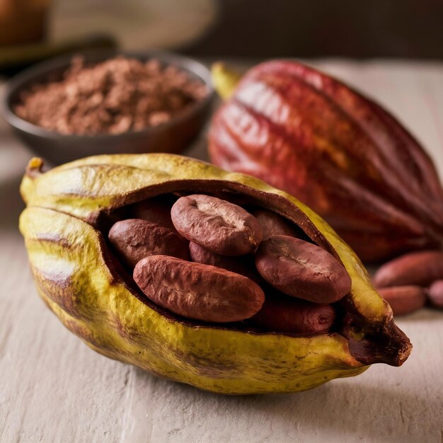 Foto fundo de configuração de grãos de cacau maduros e nibs de cacau