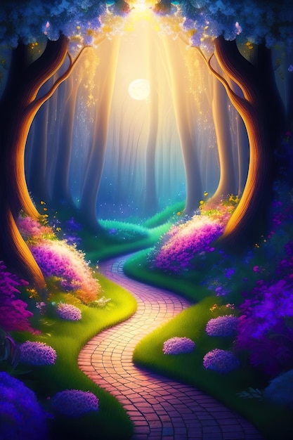 Fundo de conto de fadas de fantasia com floresta e caminho florescente