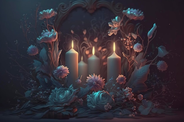 fundo de conto de fadas misterioso e gentil com flores e velas acesas, ai criativo