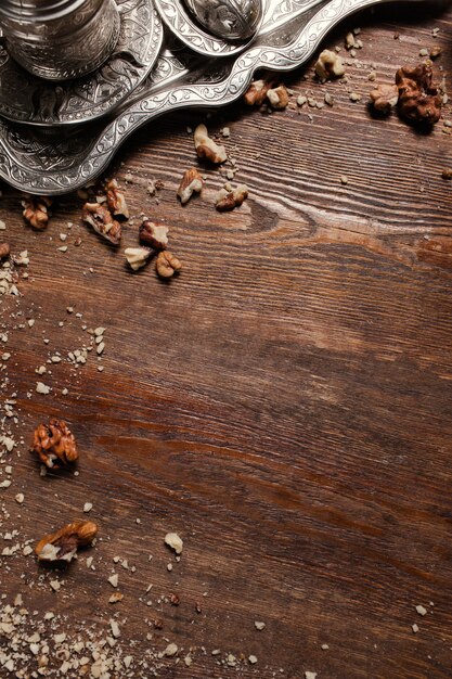 Fundo de cozinha turca de comida criativa. textura de madeira. conceito de chá e sobremesa