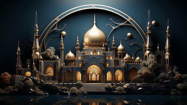 Fundo de decoração de exibição islâmica com ilustração vetorial 3D de ornamento islâmico