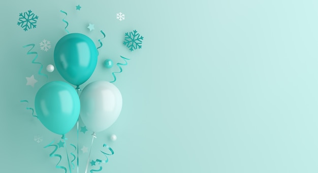 Fundo de decoração de inverno com balão e flocos de neve, copie o espaço