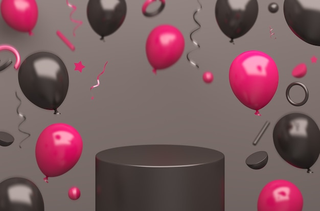 Fundo de decoração de maquete de pódio de venda Black Friday com balão rosa voador, renderização em 3D