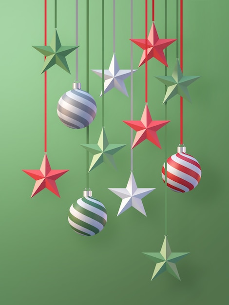 Fundo de decoração de Natal e ano novo com bola de natal e fita em fundo verde, fundo de renderização 3D