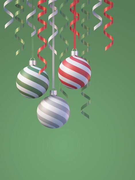 Fundo de decoração de Natal e ano novo com bola de natal e fita em fundo verde, fundo de renderização 3D