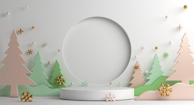 Foto fundo de decoração de pódio de exibição de inverno com árvores de flocos de neve copiam texto espacial renderização em 3d