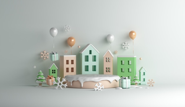 Fundo de decoração de pódio de exibição de inverno com balão de caixa de presente de flocos de neve para construção de casas