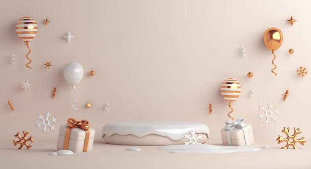 Fundo de decoração de pódio de exibição de inverno com caixa de presente de flocos de neve de balão