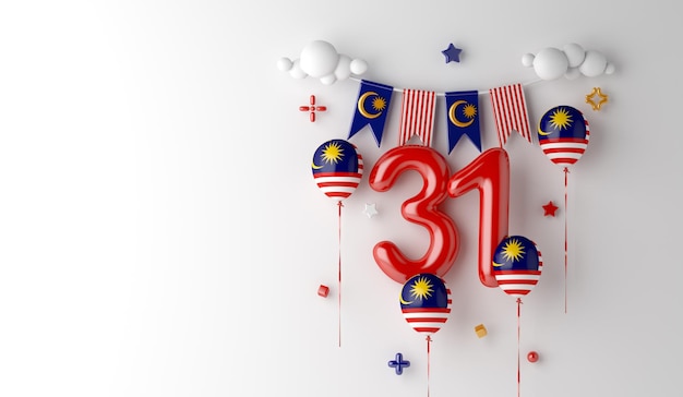 Fundo de decoração do Dia da Independência da Malásia com número de 31 balões, bandeira de estamenha