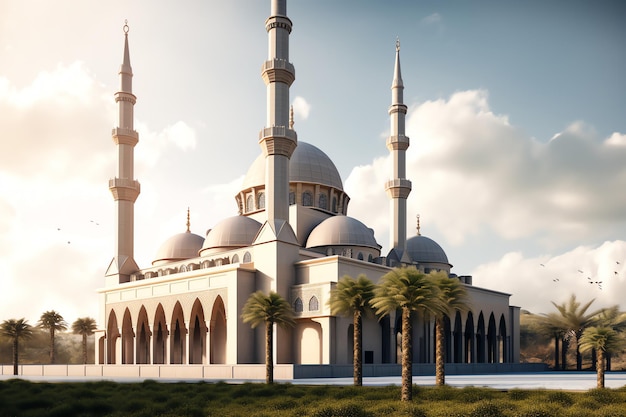 Fundo de decoração islâmica com bela mesquita estilo cartoon ramadan kareem mawlid iftar isra miraj eid al fitr adha muharram cópia espaço área de texto ilustração 3D