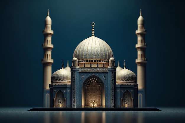 Fundo de decoração islâmica com bela mesquita estilo cartoon ramadan kareem mawlid iftar isra miraj eid al fitr adha muharram cópia espaço área de texto ilustração 3D