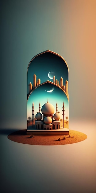 Fundo de decoração islâmica com bela mesquita estilo cartoon ramadan kareem mawlid iftar isra miraj eid al fitr adha muharram cópia espaço área de texto ilustração 3D