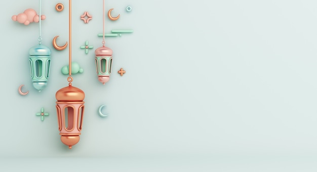 Fundo de decoração islâmica com espaço de cópia crescente da lanterna árabe