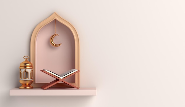 Fundo de decoração islâmica com janela de mesquita koran lanterna ramadan kareem