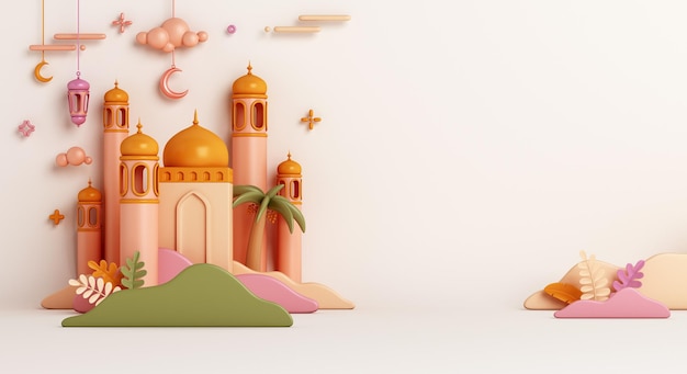 fundo de decoração islâmica com lanterna de lua crescente da mesquita