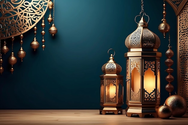 fundo de decoração islâmica com lanterna e lua crescente estilo de luxo ramadan kareem mawlid iftar isra miraj eid al fitr adha muharram copia espaço área de texto ilustração 3D