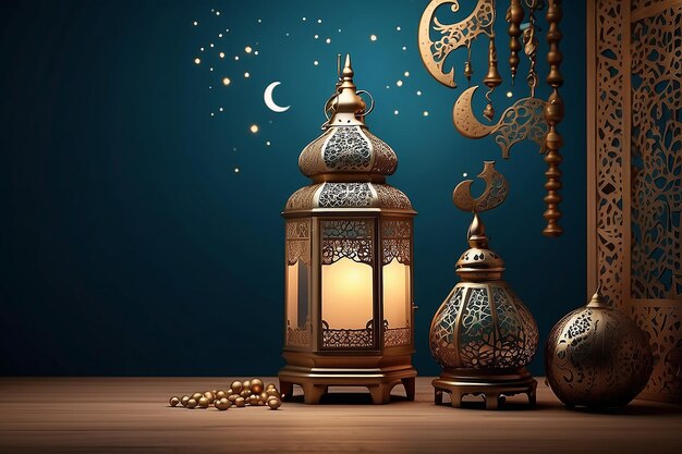 fundo de decoração islâmica com lanterna e lua crescente estilo de luxo ramadan kareem mawlid iftar isra miraj eid al fitr adha muharram copia espaço área de texto ilustração 3D