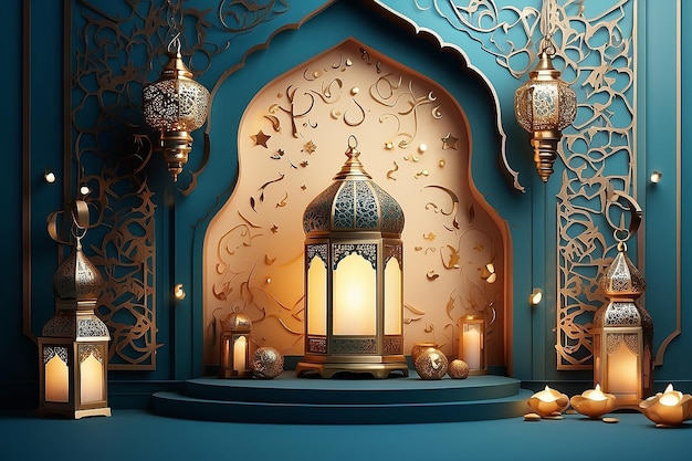 fundo de decoração islâmica com lanterna e lua crescente estilo de luxo ramadan kareem mawlid iftar isra miraj eid al fitr adha muharram copia espaço área de texto ilustração 3D